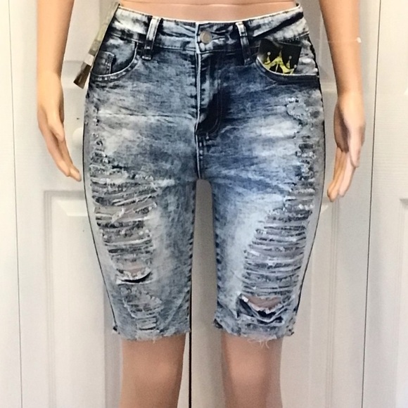 Elite Jeans Queen Collection High Rise Distressed Denim Bermuda Shorts Size 9 - Picture 3 of 14